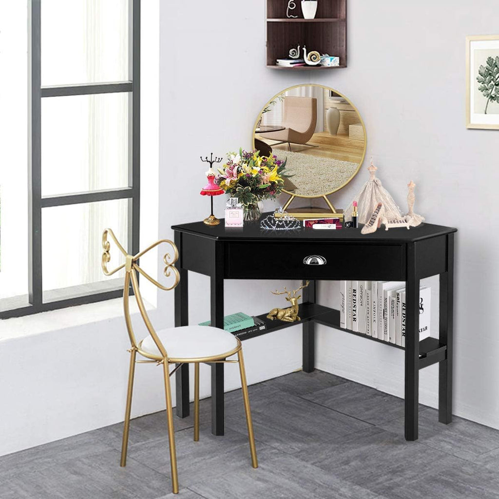 Tangkula Corner Desk, Corner Computer Desk with Drawer for Small Space, Small Corner Makeup Vanity Desk, 90 Degrees Triangle Corner Desk with Storage Shelves
