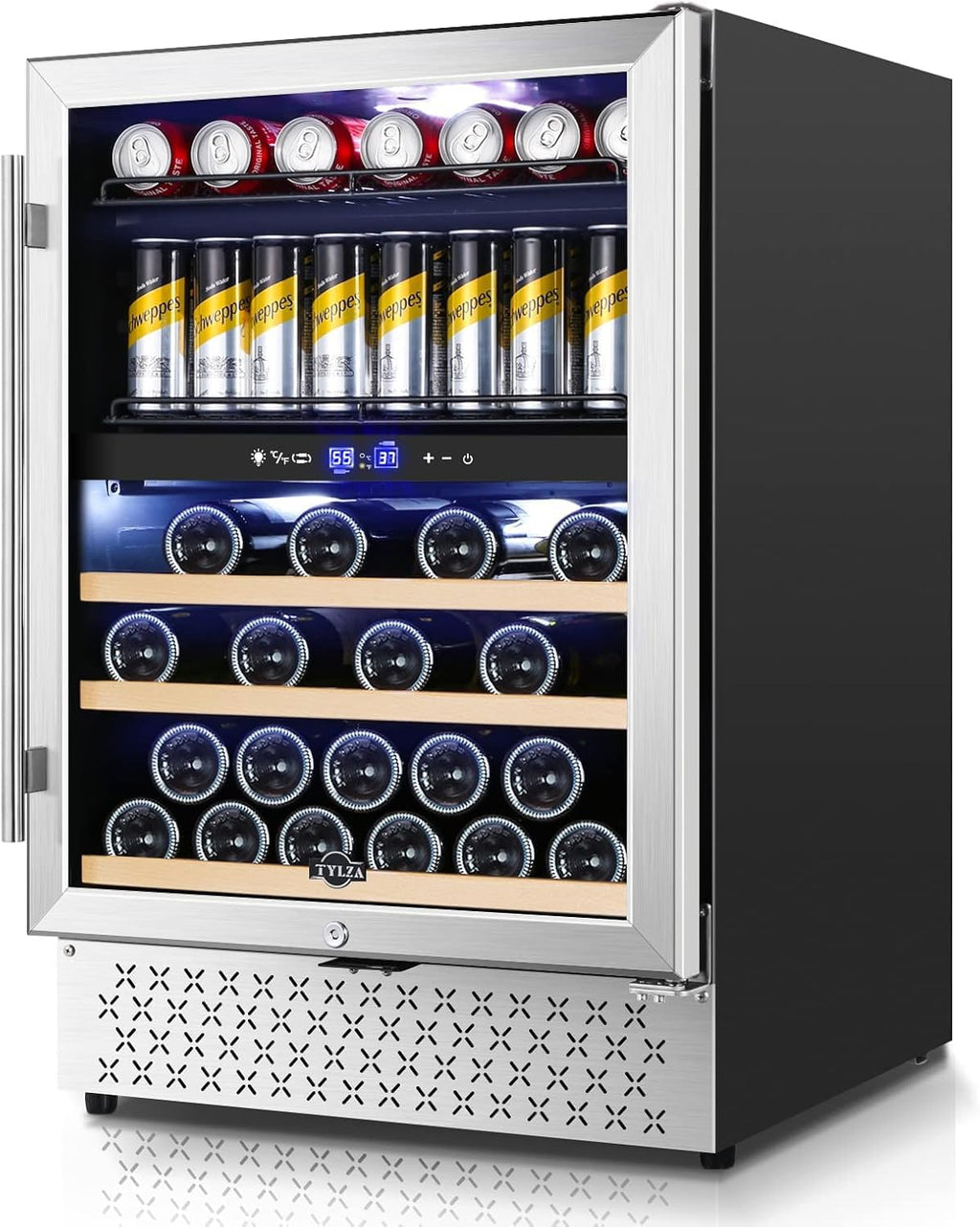 Tylza Wine and Beverage Refrigerator, 24 Inch Dual Zone Wine Fridge Built-in or Freestanding, Holds 100 Cans and 30 Bottles, Under Counter Wine Cellar with Double-Layer Glass Door, LED Light, Lock
