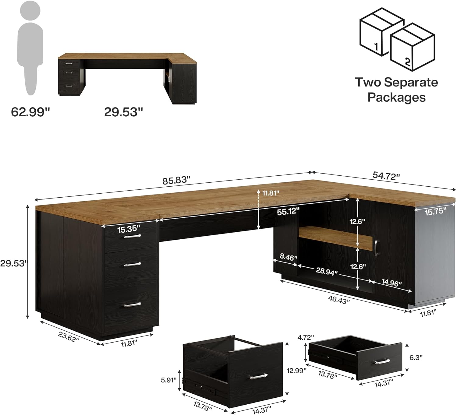 Tribesigns 85.8-Inch L-Shaped Executive Desk with File Drawers, Door Cabinet & Shelves, Extra Large Commercial Office Desk, Modern Professional Office Table, Business Furniture, Natural & Black
