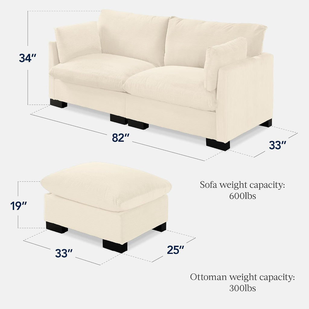 Best Choice Products Modern Loveseat Sofa for Living Room, Corduroy Recliner, Removable Cover, Spring Cushions, Solid Wood Frame, Easy Assembly for Small Spaces, 82in – Ivory