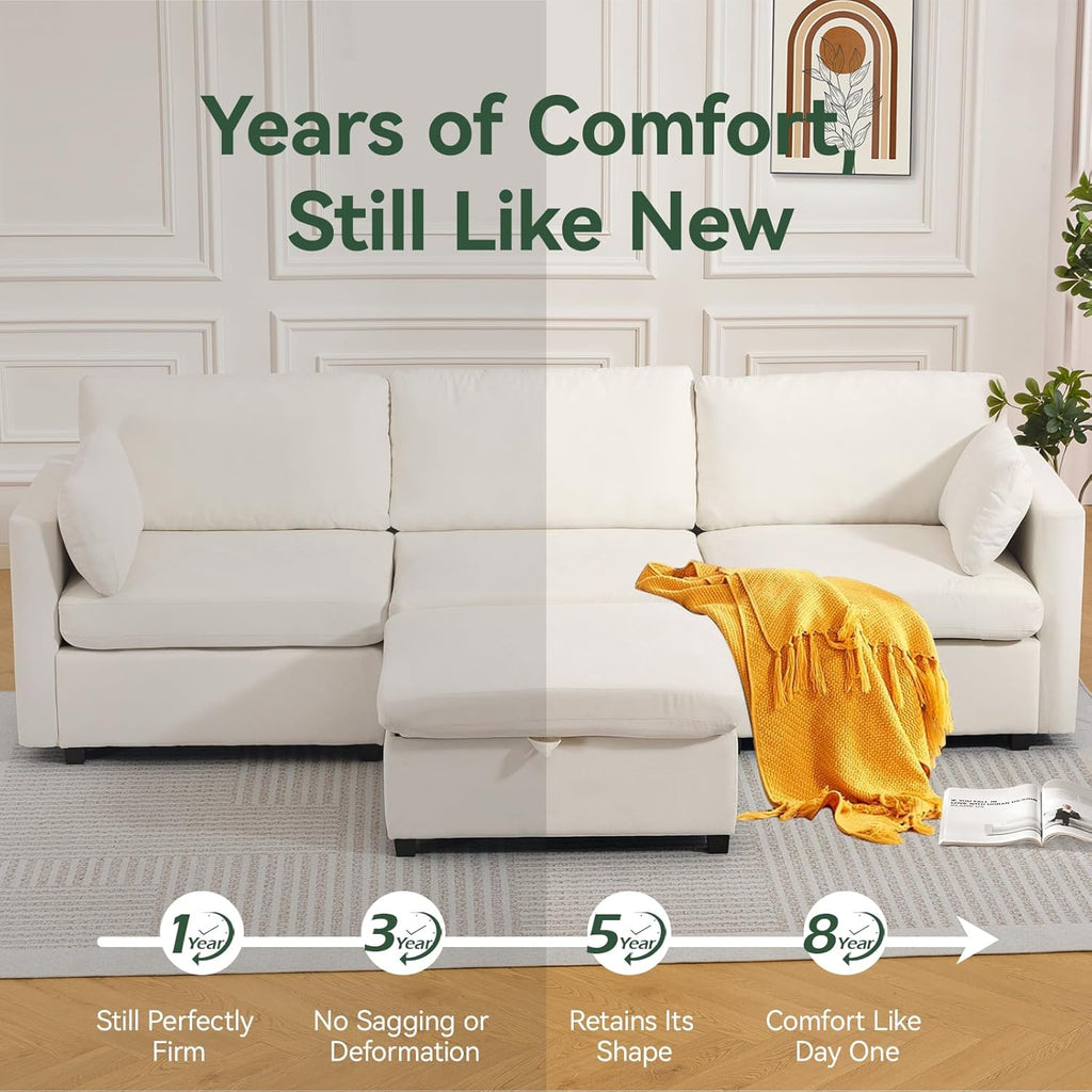 Vogue Furniture Direct 109'' Modular Sectional Sofa, L Shaped Couch with Storage Ottoman, Comfy Cloud Sofa with Deep Seat, 4 Seat Convertible Sectional Couches for Living Room (Beige, Low Legs 1.97')