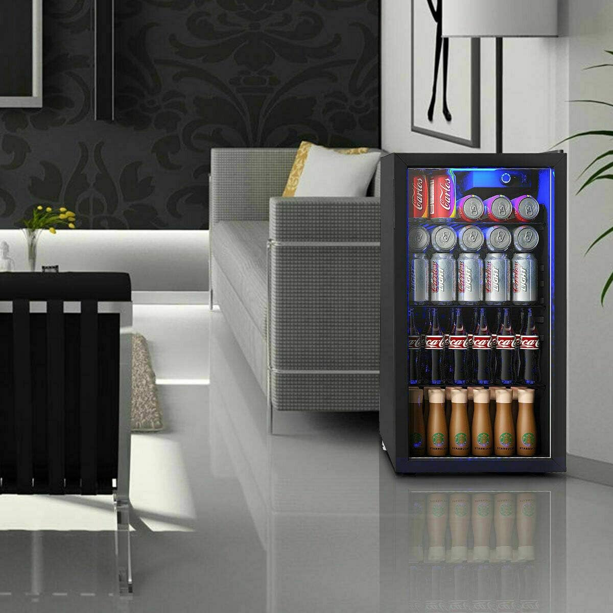 COSTWAY Beverage Refrigerator, 3.2 Cubic Foot Capacity, 120 Can Beverage Cooler with LED Light, Adjustable Thermostat, Removable Shelves, Perfect for Soda, Beer or Wine, Small Drink Dispenser Machine