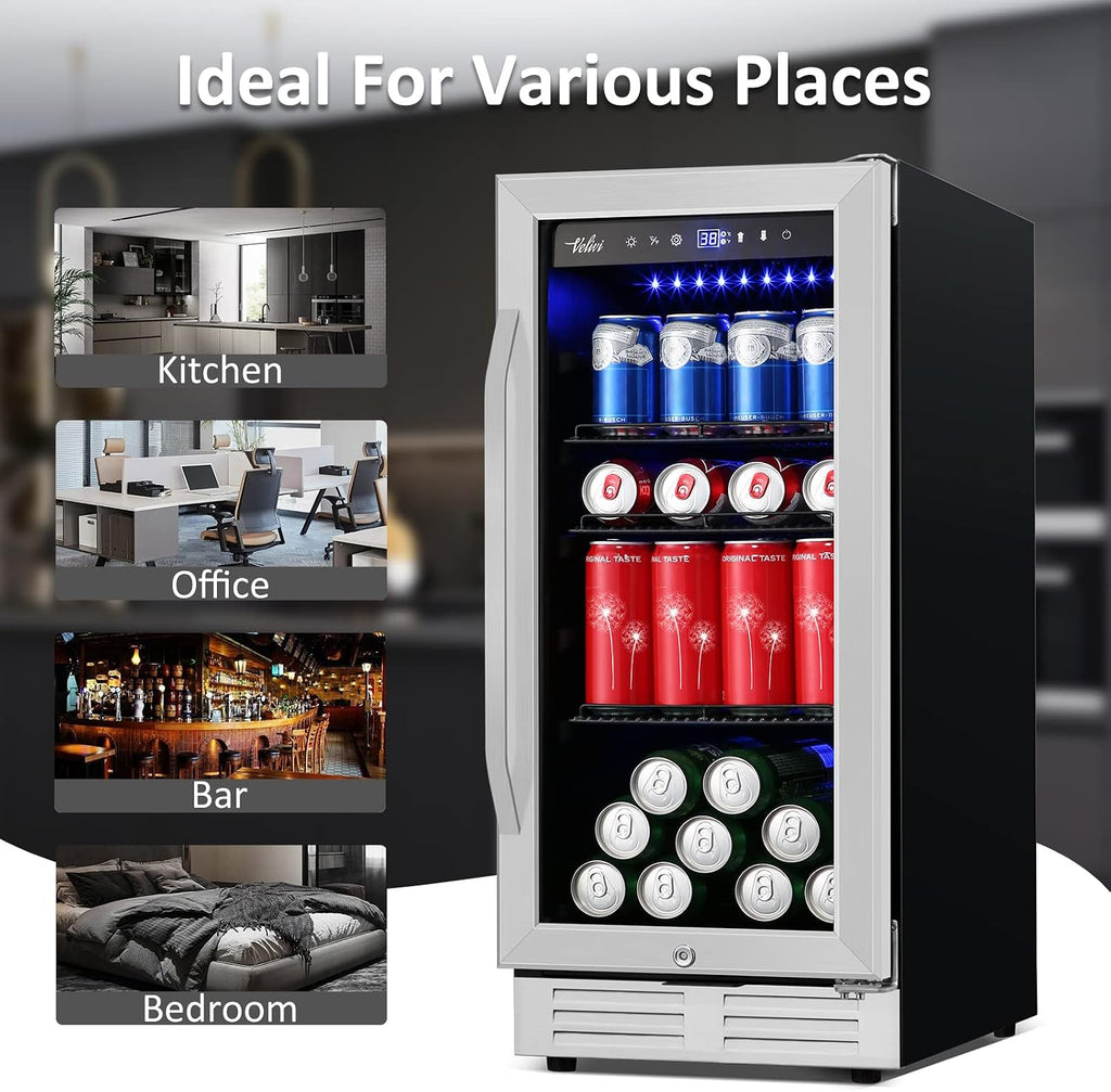 Velivi 15 Inch Beverage Refrigerator and Cooler - 125Cans Capacity Mini Beer Drink Fridge with Glass Door and Lock Under Counter Built-in or Freestanding - for Soda, Beer, Wine - for Home Bar Kitchen