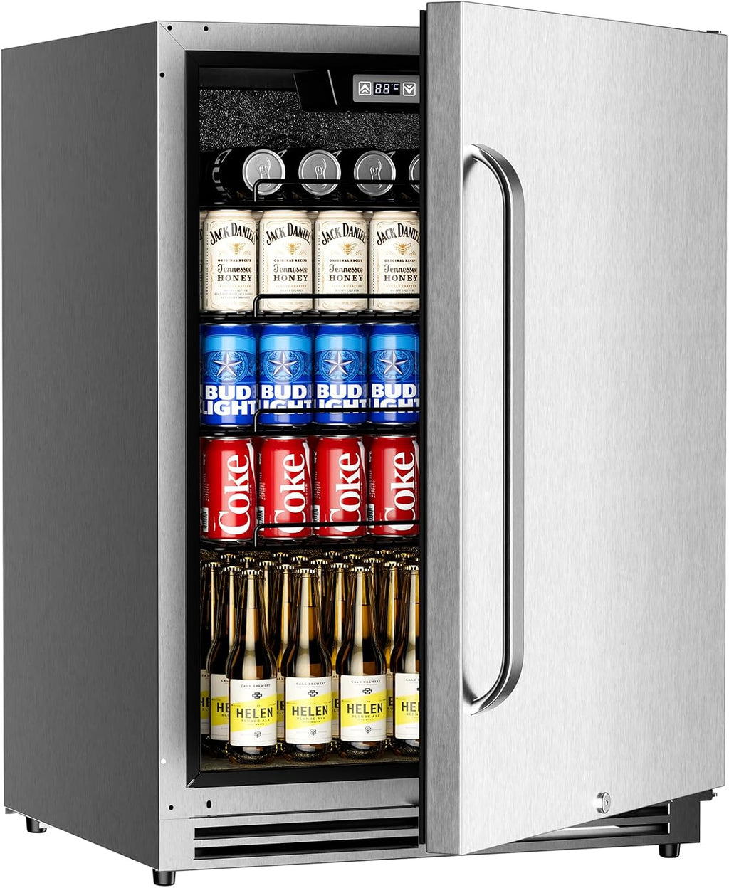 24 Inch Indoor Outdoor Beverage Refrigerator, Stainless Steel Beverage Cooler, Under Counter Built-in or Freestanding Fridge for Patio, Home Bar & Commercial Use, Holds 195 Cans, 34-46℉