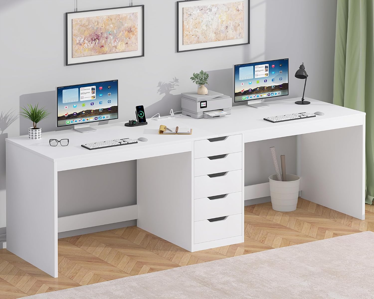 YOMILUVE 2 Person Desk with 5 Drawers and Power Outlets, 78.7 Inch Long Computer Desk with Storage File Cabinet, Two Person Home Office Double Desk with Storage, White