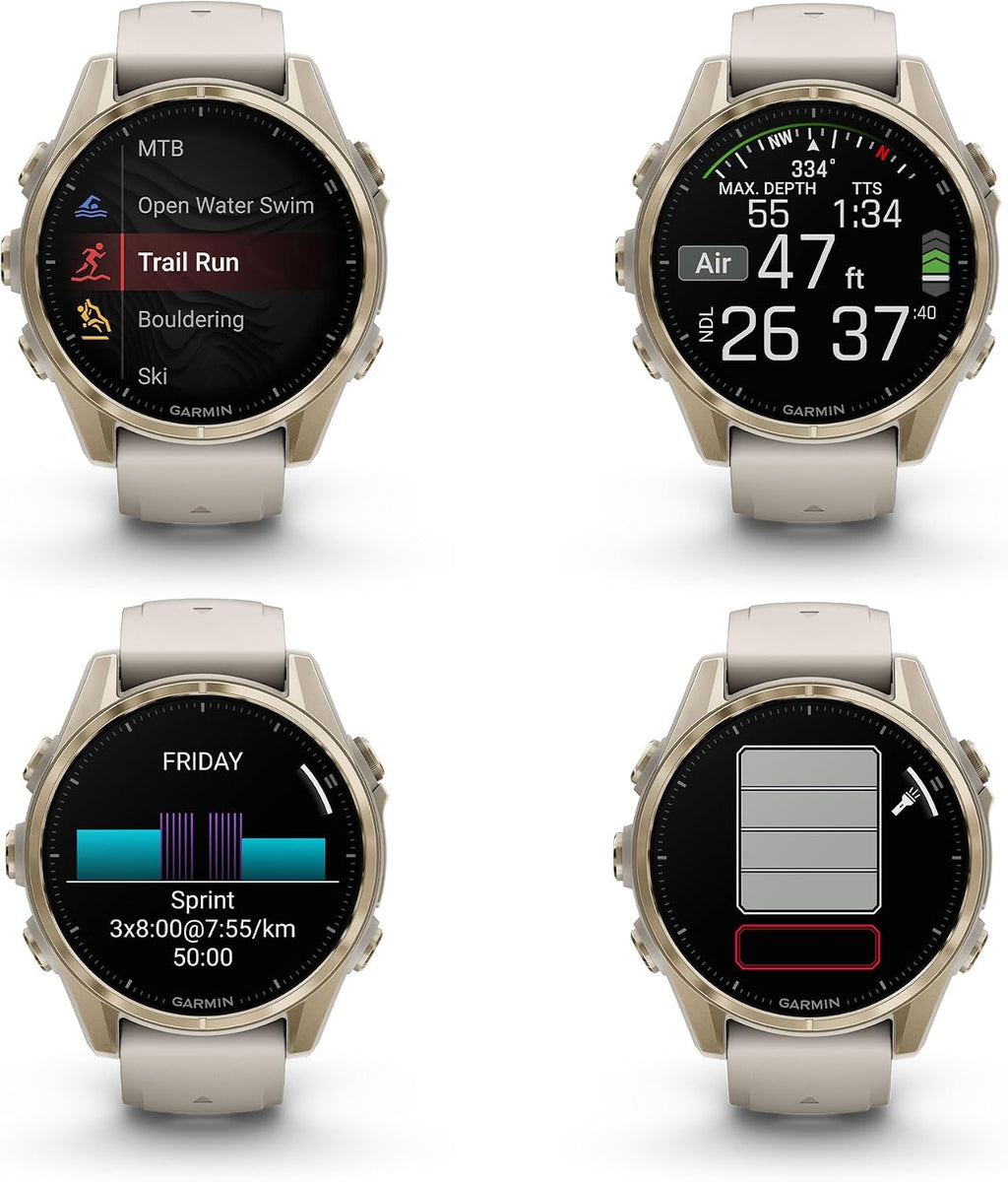 Garmin Fenix 8 43MM AMOLED Sapphire Premium Multisport GPS Smartwatch Soft Gold with Fog Gray/Sandstone Silicone Band, Built-in LED Flashlight Bundle with Accessories