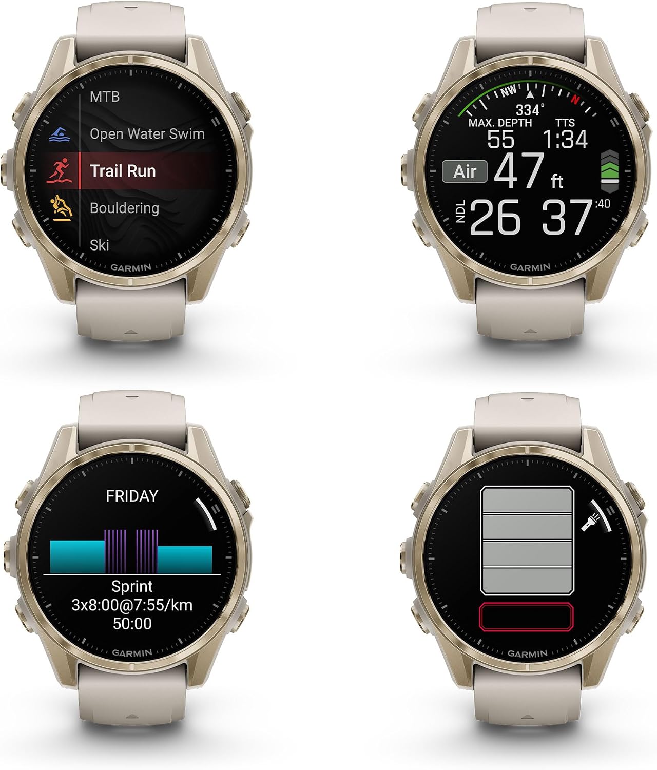 Garmin Fenix 8 43MM AMOLED Sapphire Premium Multisport GPS Smartwatch Soft Gold with Fog Gray/Sandstone Silicone Band, Built-in LED Flashlight Bundle with Accessories