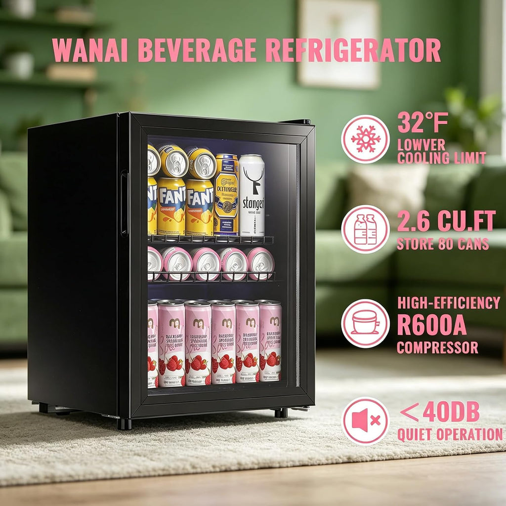 WANAI Beverage Refrigerator and Cooler with Glass Door - 80 Can Capacity, 2.6 Cu.ft Small Beer Fridge for Drinks, Soda, Wine- Mini Cooler with 7 Adjustable Temperature Control and Blue LED Light