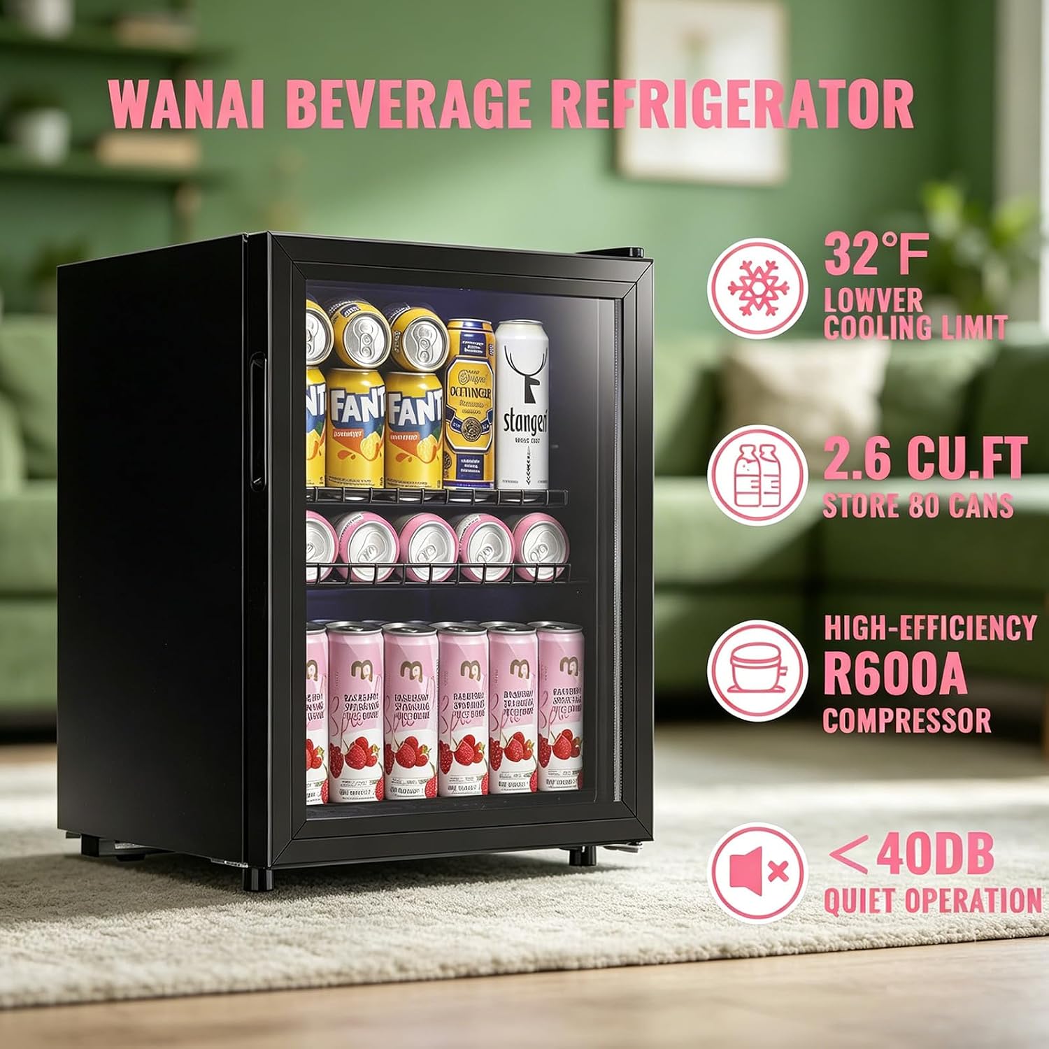 WANAI Beverage Refrigerator and Cooler with Glass Door - 80 Can Capacity, 2.6 Cu.ft Small Beer Fridge for Drinks, Soda, Wine- Mini Cooler with 7 Adjustable Temperature Control and Blue LED Light