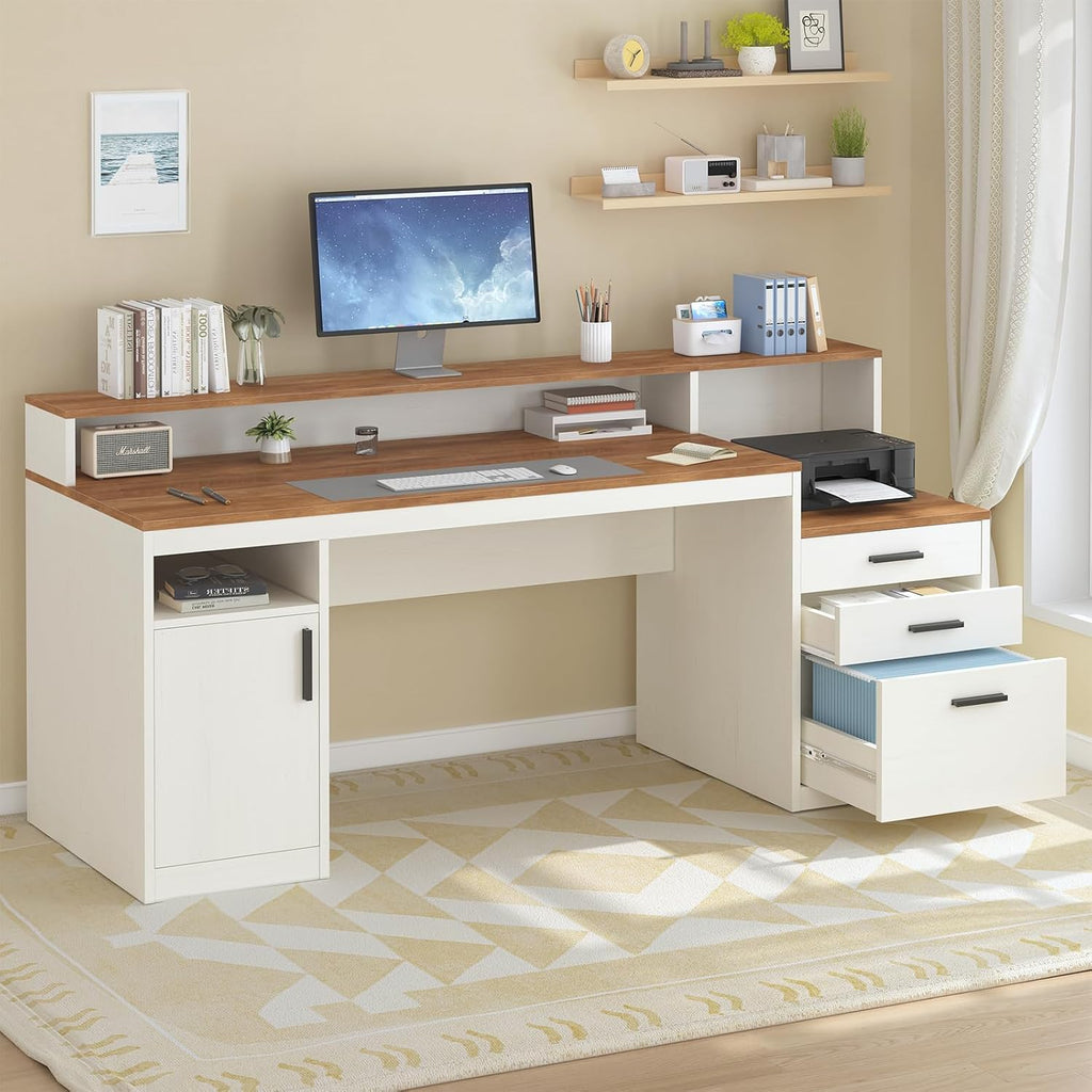 YOMILUVE 65 Inch Computer Desk with 3 Drawers & Storage Shelves, Executive Desk with File Drawer & Cabinet, Home Office Desk with Long Monitor Stand & Printer Shelf, Antique White