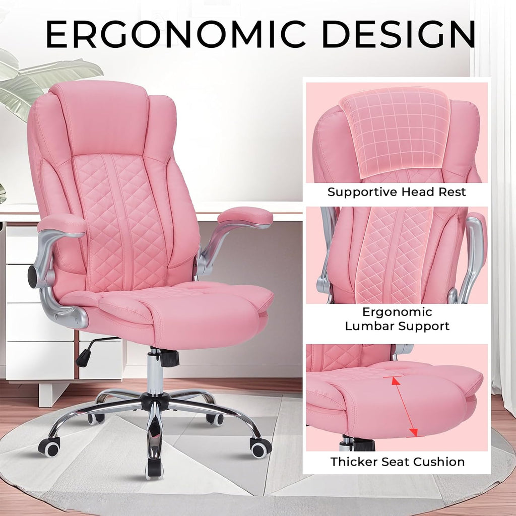 400lbs Executive Office Chair with Flip-Up Armrests, Big and Tall Computer Chair for Heavy People, Heavy Duty Ergonomic Comfy Chair, Breathable PU Leather (Pink)