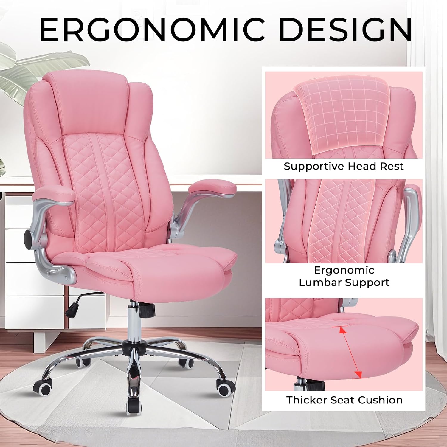 400lbs Executive Office Chair with Flip-Up Armrests, Big and Tall Computer Chair for Heavy People, Heavy Duty Ergonomic Comfy Chair, Breathable PU Leather (Pink)