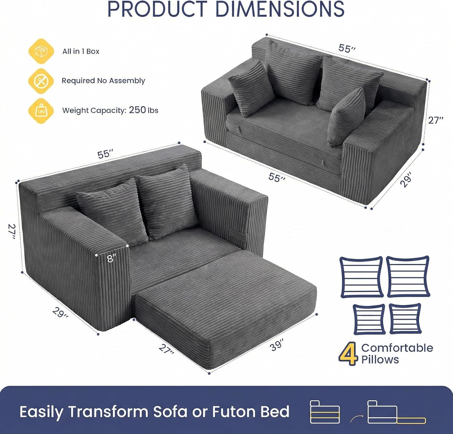 cidludto Boneless Couch Loveseat Sleeper, Convertible Sofa Bed Folding Couch Bed Foldable, 2 in 1 Boneless Chair Bed & Futon Sofa Bed, Small Pull Out Sofa with 4 Pillows for Living Room, Grey | No Assembly, Convertible, 2 in 1, Pull Out Handle, 4 Pillows