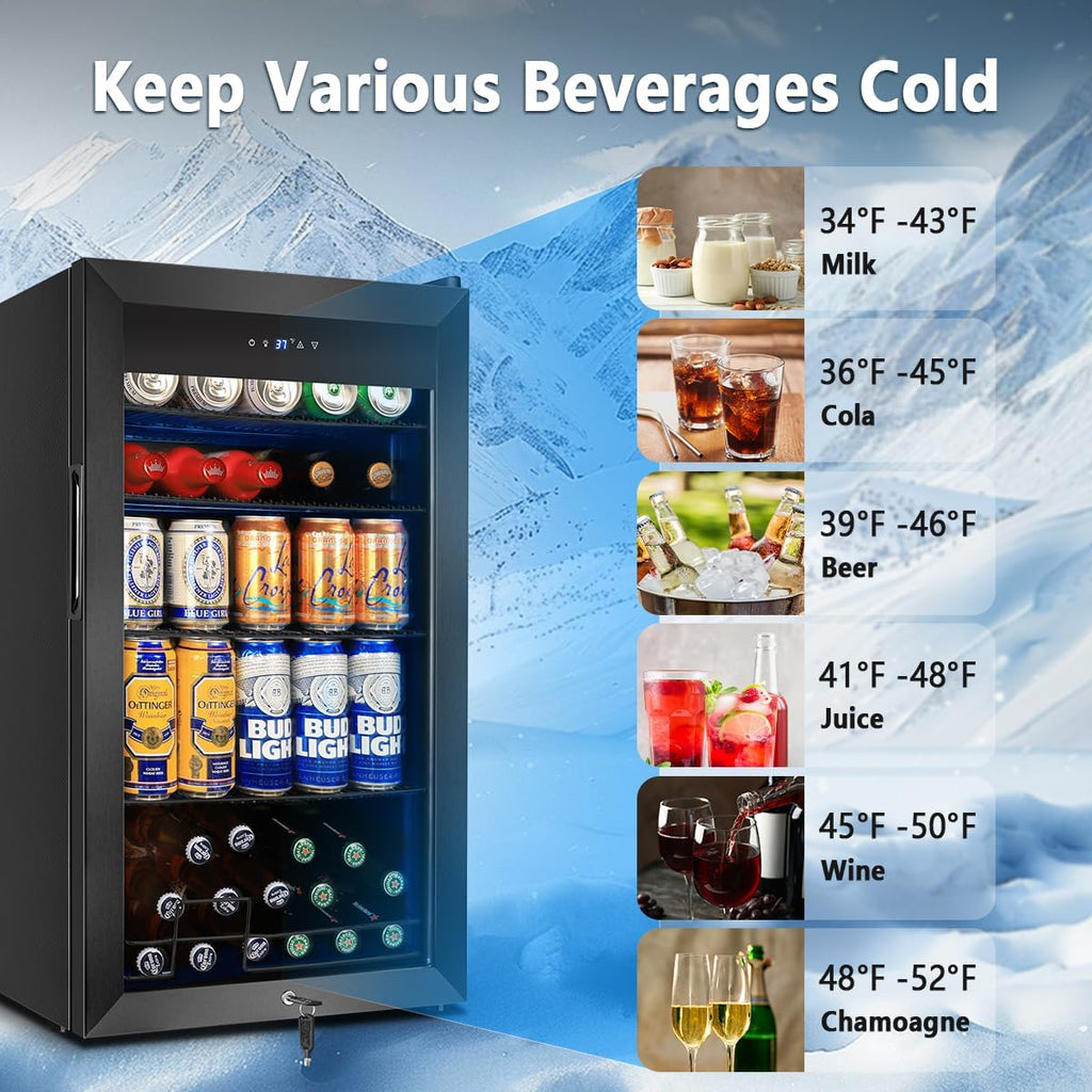 Tylza Beverage Refrigerator Cooler, 130 Cans 3.22 Cu.Ft Small Refrigerator with Low-E Glass Door, Lock, 17-Inch Beer Fridge for Drinks, Beer and Wine, Mini Fridge for Bedroom, Office and Bar, Black