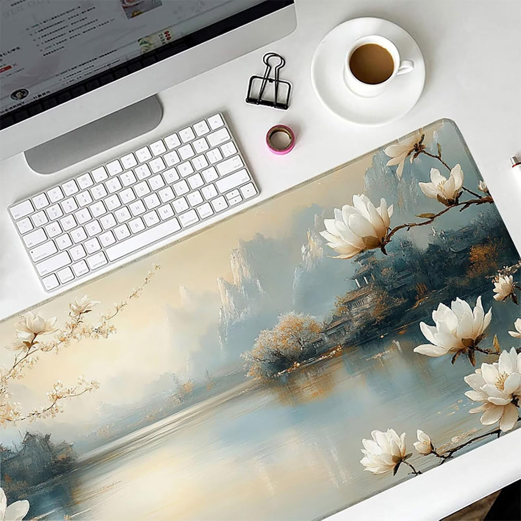 Flower Mouse Pad, Gaming Mouse Pad 64x32in, Desk Mat with Stitched Edges, Large Mousepad Waterproof, Gaming Accessories Keyboard Mat, Office Desk Accessories, for Gamer Computer Office, White S-2229