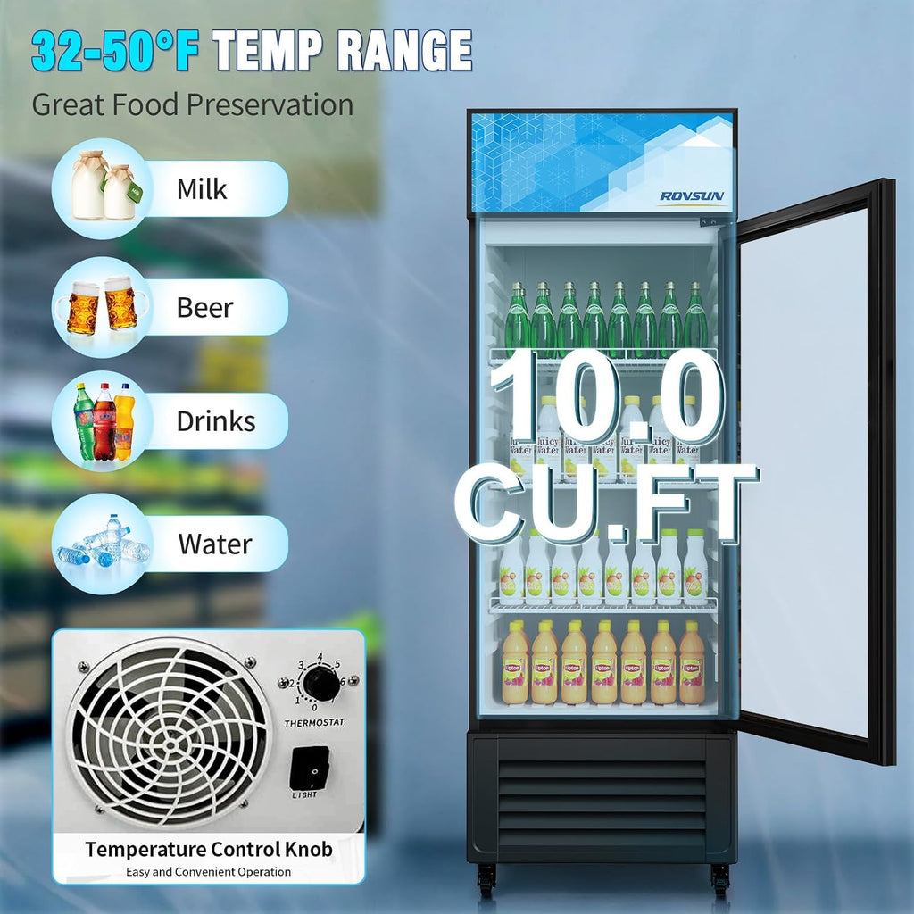 ROVSUN 10 Cu.Ft Beverage Refrigerator Commercial ETL NSF, Display Refrigerator Beverage Cooler Glass Door Merchandiser Refrigerator Fridge w/Adjustable Shelves LED Light for Bar Restaurant Cafe