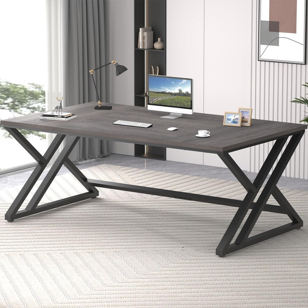 LVB Long Rustic Computer Desk, Industrial Large Wood Metal Office Desk, Modern Pc Study Gaming Writing Table for Two Person, Workstation Executive Desk for Home Bedroom Living Room, Dark Gray, 70 Inch