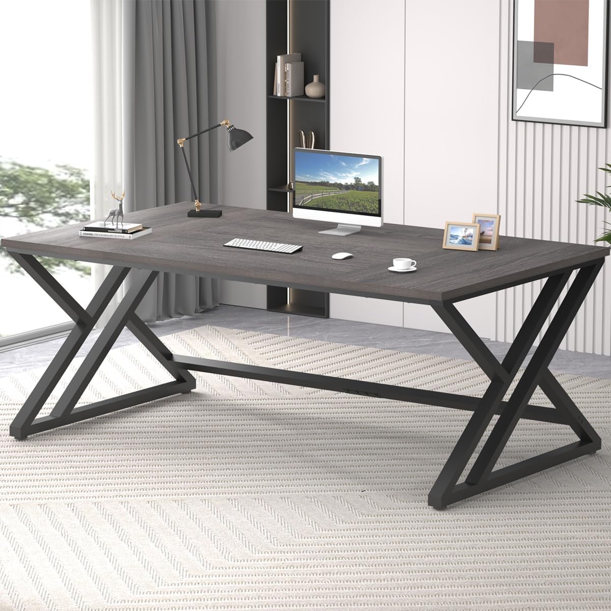 LVB Long Rustic Computer Desk, Industrial Large Wood Metal Office Desk, Modern Pc Study Gaming Writing Table for Two Person, Workstation Executive Desk for Home Bedroom Living Room, Dark Gray, 70 Inch