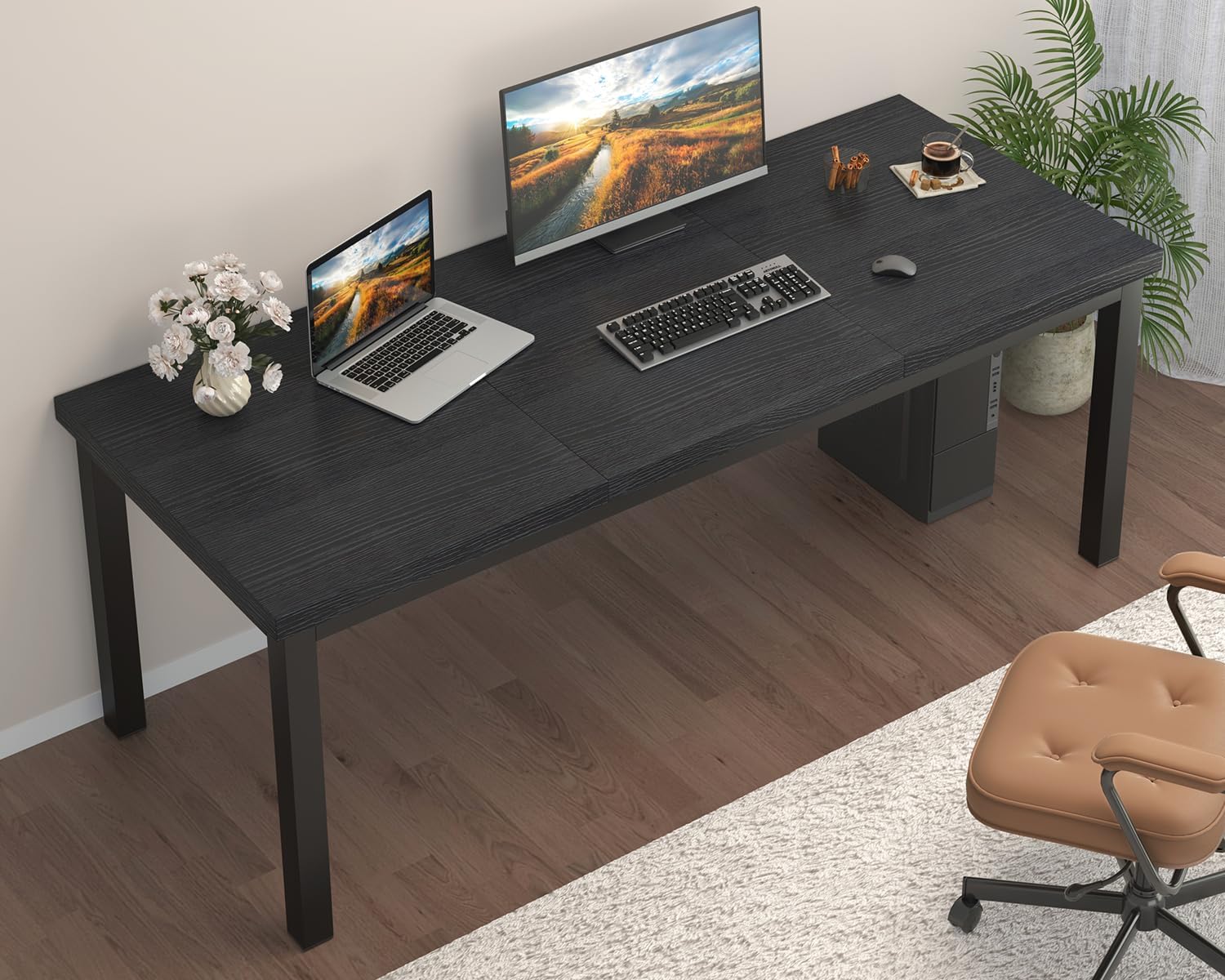 63 Inch Large Computer Desk, Modern Office Desk with Adjustable Feet, Gaming Desk with Deep Desktop, Study Writing Table for Home Office, Work from Home, Easy Assembly, Black