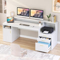 YOMILUVE Computer Desk with 3 Drawer & Storage Shelves, Home Office Desk with File Drawer & Cabinet, Writing Study Table with Long Monitor Stand & Printer Shelf, Executive Desk, White
