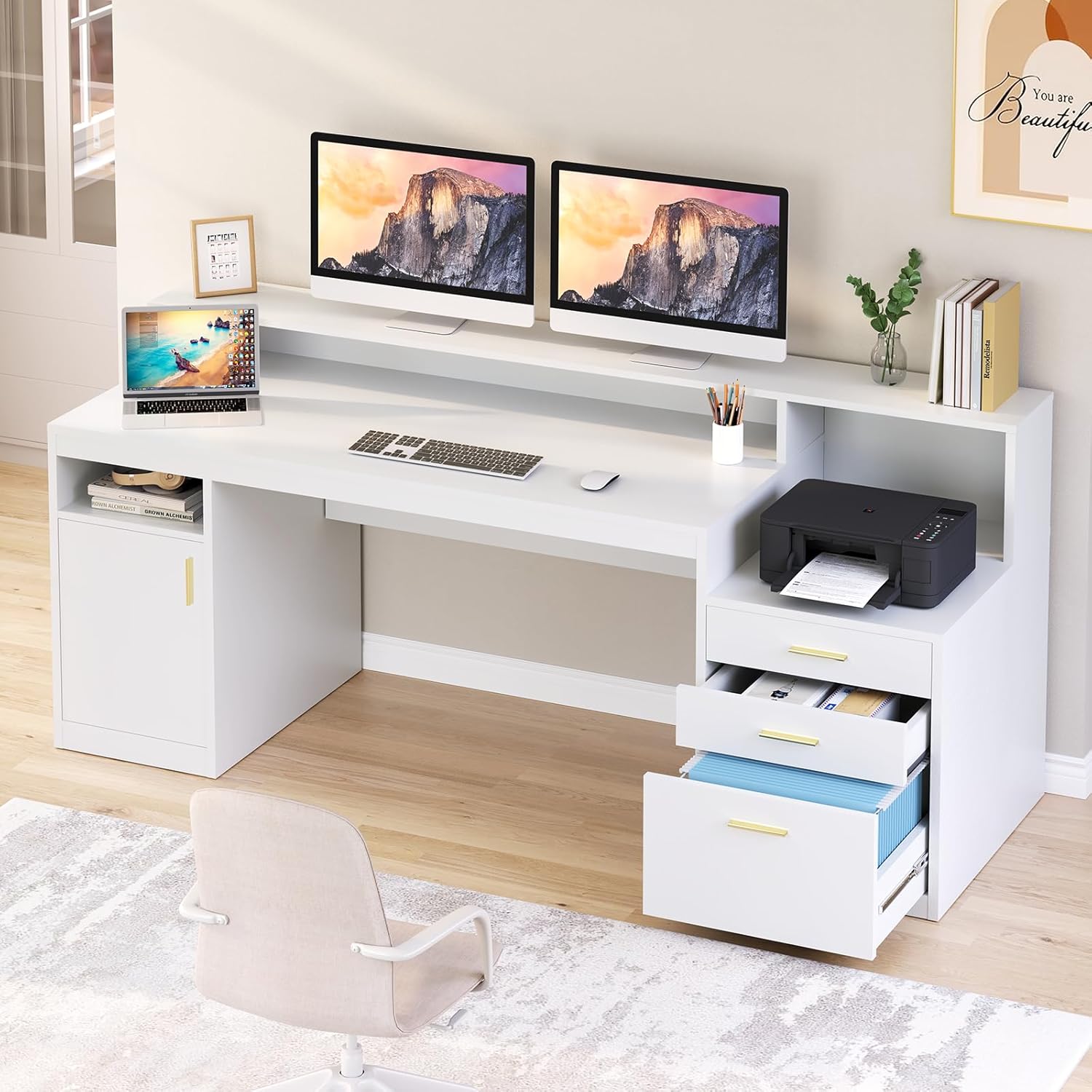 YOMILUVE Computer Desk with 3 Drawer & Storage Shelves, Home Office Desk with File Drawer & Cabinet, Writing Study Table with Long Monitor Stand & Printer Shelf, Executive Desk, White