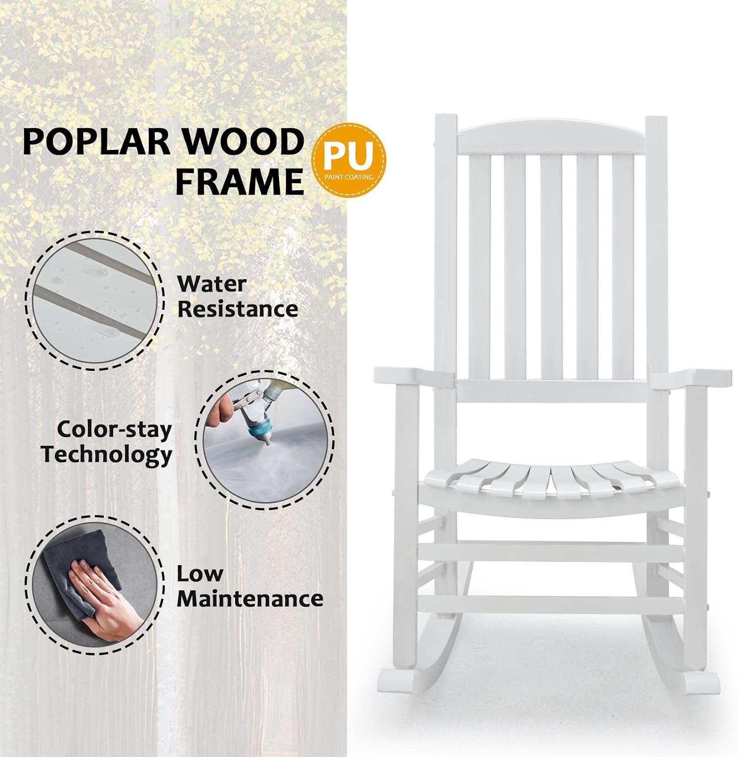 Hupmad Wooden Rocking Chair Outdoor Oversized Porch Rocker Chair,Patio Wooden Rocker with High Back and Armrest,All Weather Rocker Slatted for Backyard,Garden,400 lbs Support,White