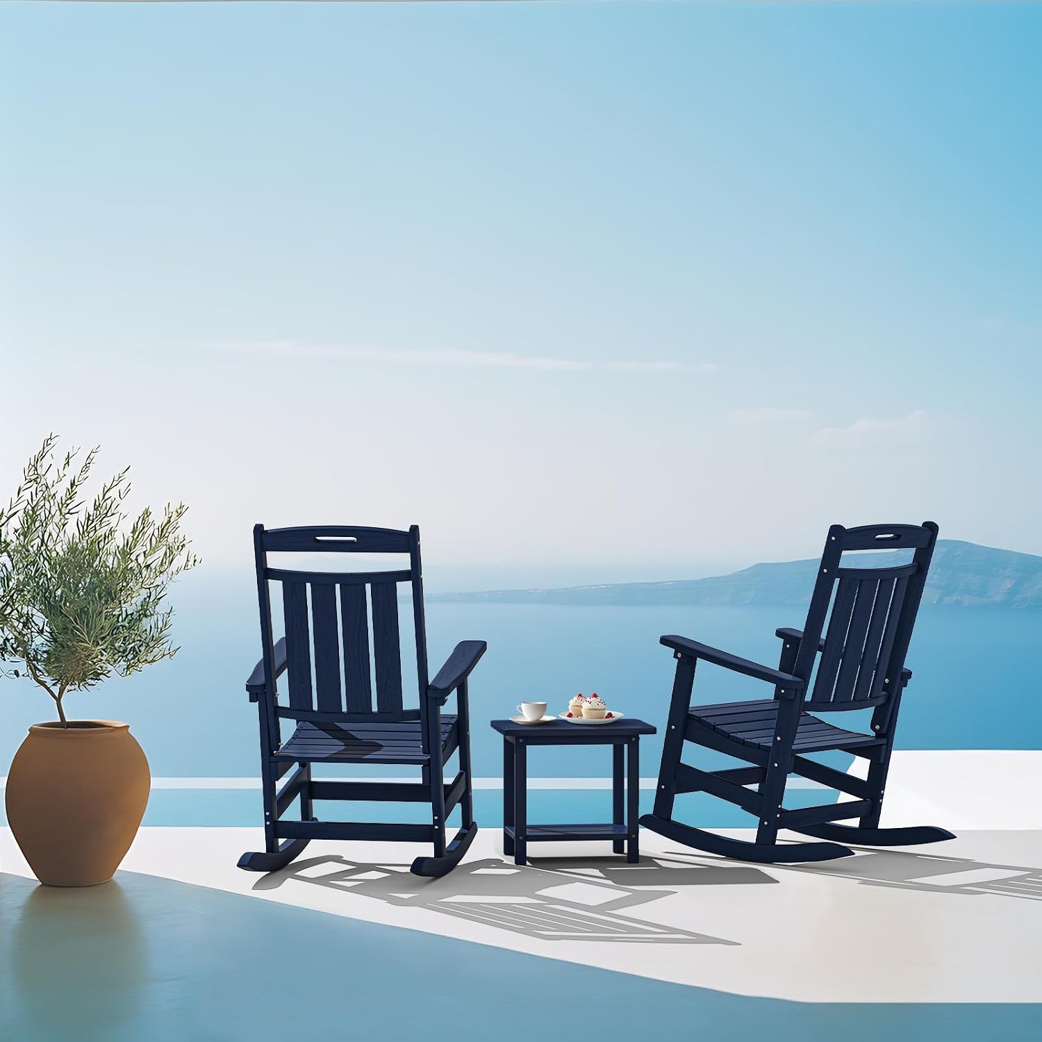 Plawdlik Oversized Outdoor Rocking Chair - All-Weather Resistant,HDPE Heavy Duty Patio Rockers with High Back - Perfect for Porch,Garden,Modern Style Set of 2-Navy Blue
