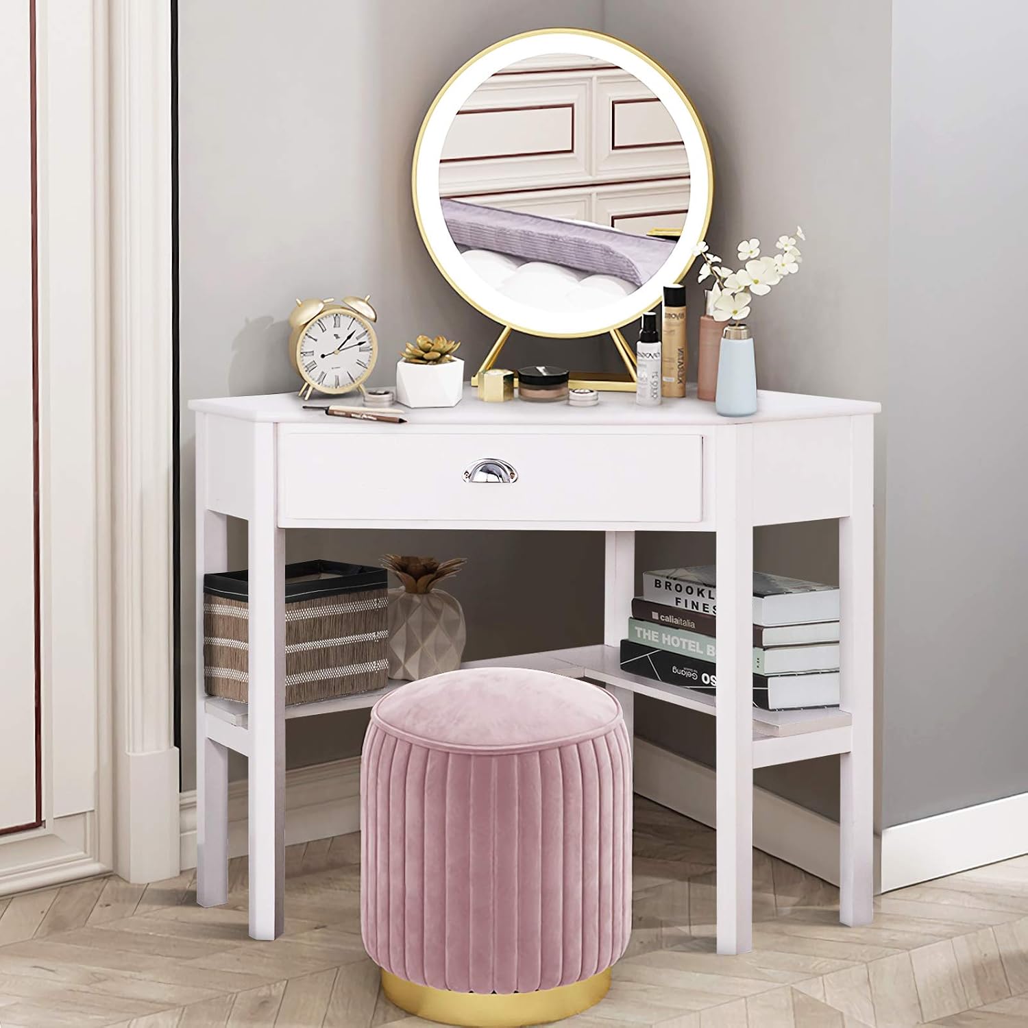 COSTWAY Corner Desk, Writing Corner Computer Desk with Drawer for Small Space, Wood Makeup Vanity Desk, Small Corner Desk with Shelves, Office Study Workstation, White Corner Desk (White)