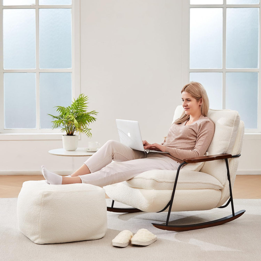 zyz Nursery Rocking Chair with Pillow, Teddy Upholstered Oversized Accent Chair Rocker Recliner, Solid Wood Frame, DIY Ottoman Footrest, Lazy Sofa for Living Room Bedroom (Teddy, White)