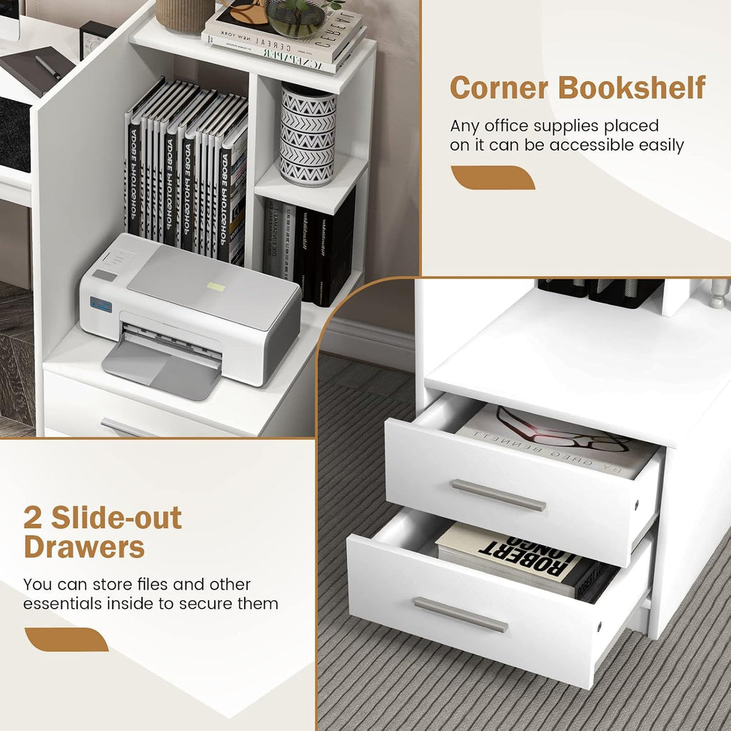 Tangkula White Desk with 2 Storage Drawers & Bookshelf, Home Office Desk with Corner Bookshelf & Printer Stand, Small Writing Study Desk for Small Space, Modern Vanity Table for Bedroom (White)