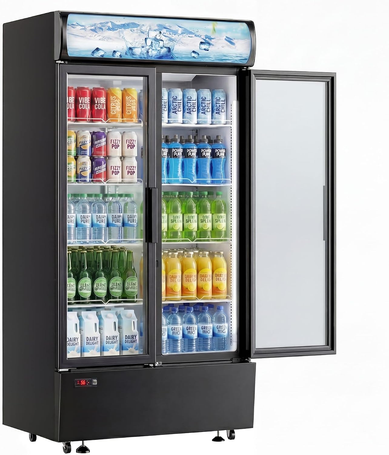 25 cu.ft Commercial Refrigerators, Beverage Cooler with LED Light, Drink Merchandiser with 8 Adjustable Shelves, 2 Glass Doors, Digital Control, ETL Certified, 32-50°FF