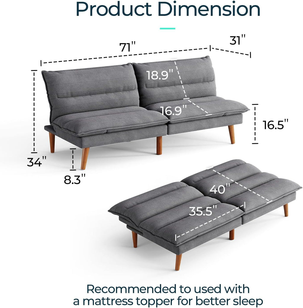 LINSY HOME Futon Sofa Bed - Convertible Corduroy Futon Couch Bed with Adjustable Backrest, Modern Small Loveseat Sleeper Sofa for Small Spaces, Living Room, Apartment or Office (Grey)