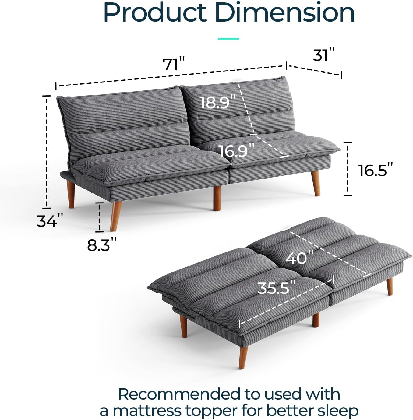LINSY HOME Futon Sofa Bed - Convertible Corduroy Futon Couch Bed with Adjustable Backrest, Modern Small Loveseat Sleeper Sofa for Small Spaces, Living Room, Apartment or Office (Grey)