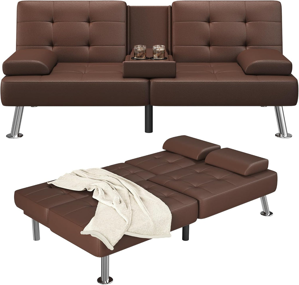 Furmax Futon Sofa Bed Adjustable Futon Couch Sleeper Sofa Bed for Living Room, Business Office, Recliner Sofas with Cup Holders (PU Leather, Brown)