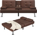 Furmax Futon Sofa Bed Adjustable Futon Couch Sleeper Sofa Bed for Living Room, Business Office, Recliner Sofas with Cup Holders (PU Leather, Brown)