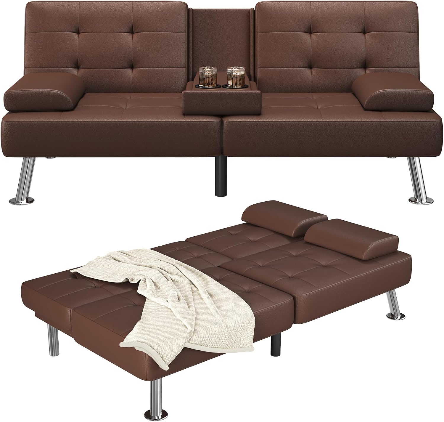 Furmax Futon Sofa Bed Adjustable Futon Couch Sleeper Sofa Bed for Living Room, Business Office, Recliner Sofas with Cup Holders (PU Leather, Brown)