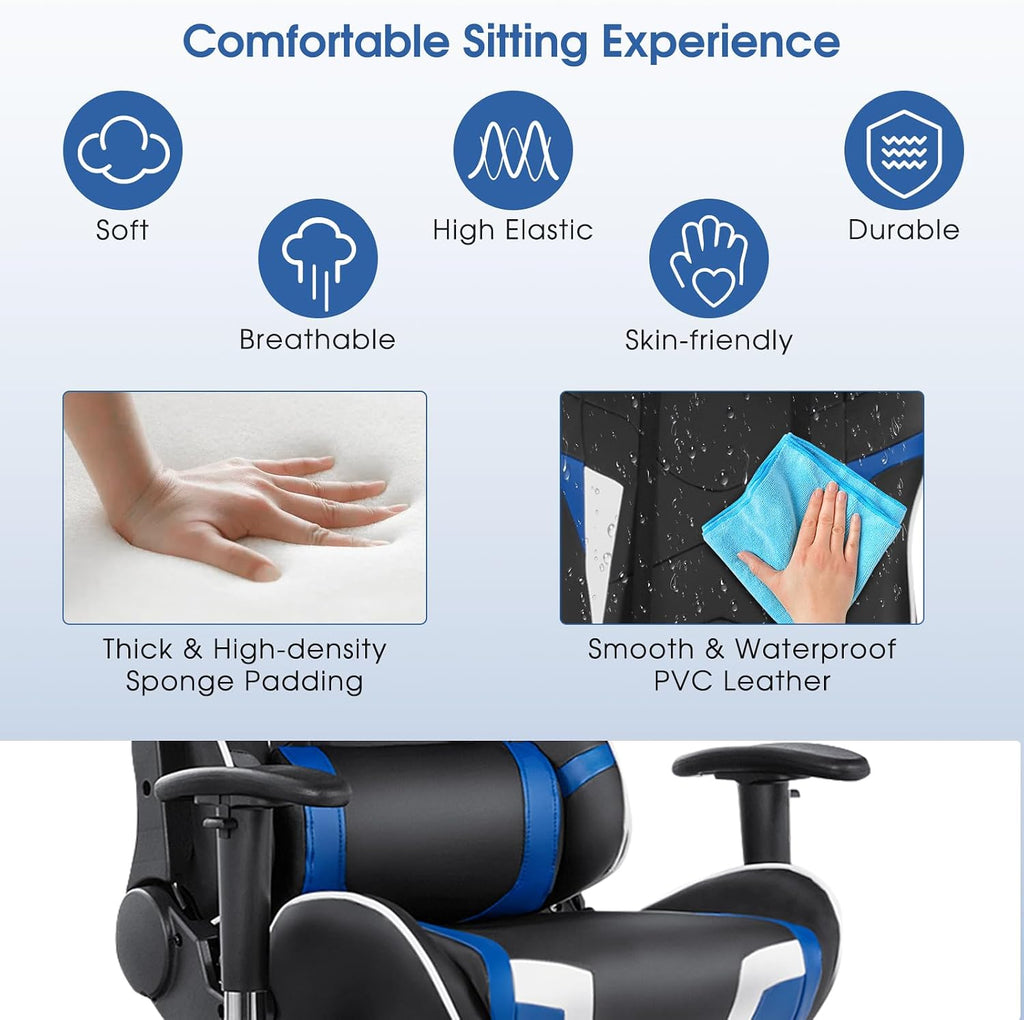 Tangkula Gaming Desk and Chair Set, Ergonomic Gamer Desk & Racing Chair Set Cup Holder, Headphone Hook, Handle Rack & Monitor Stand, Massage & Headrest, Home Office Computer (Blue)