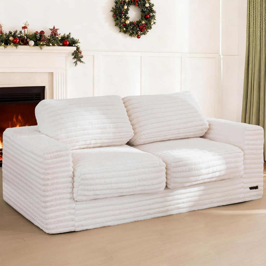 MAXYOYO Giant Bean Bag Chair for Adults, Upholstered Loveseat Floor Sofa with Pillows and Armrests, Large Bean Bag Sofa Plush Chair Couch for Bedroom Living Room, White