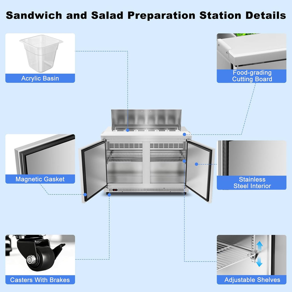 Tylza 48' Commercial Refrigerator, 12.7 Cu.Ft Sandwich Salad Prep Table, Mega Top Worktop Fridge w/ 12 Pans & Cutting Board, 2-Door Stainless Steel Salad Prep Cooler for Restaurant & Food Truck