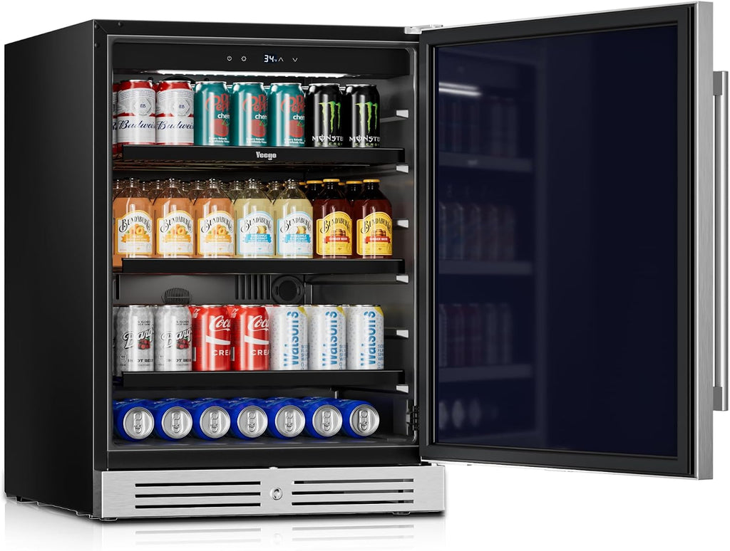 Yeego 24 Inch Beverage Refrigerator, 160-Can Beverage Cooler with Lock & Auto Defrost, Stainless Steel Indoor & Covered Outdoor Beverage Fridge, Freestanding or Under Counter for Beer, Soda & Wine