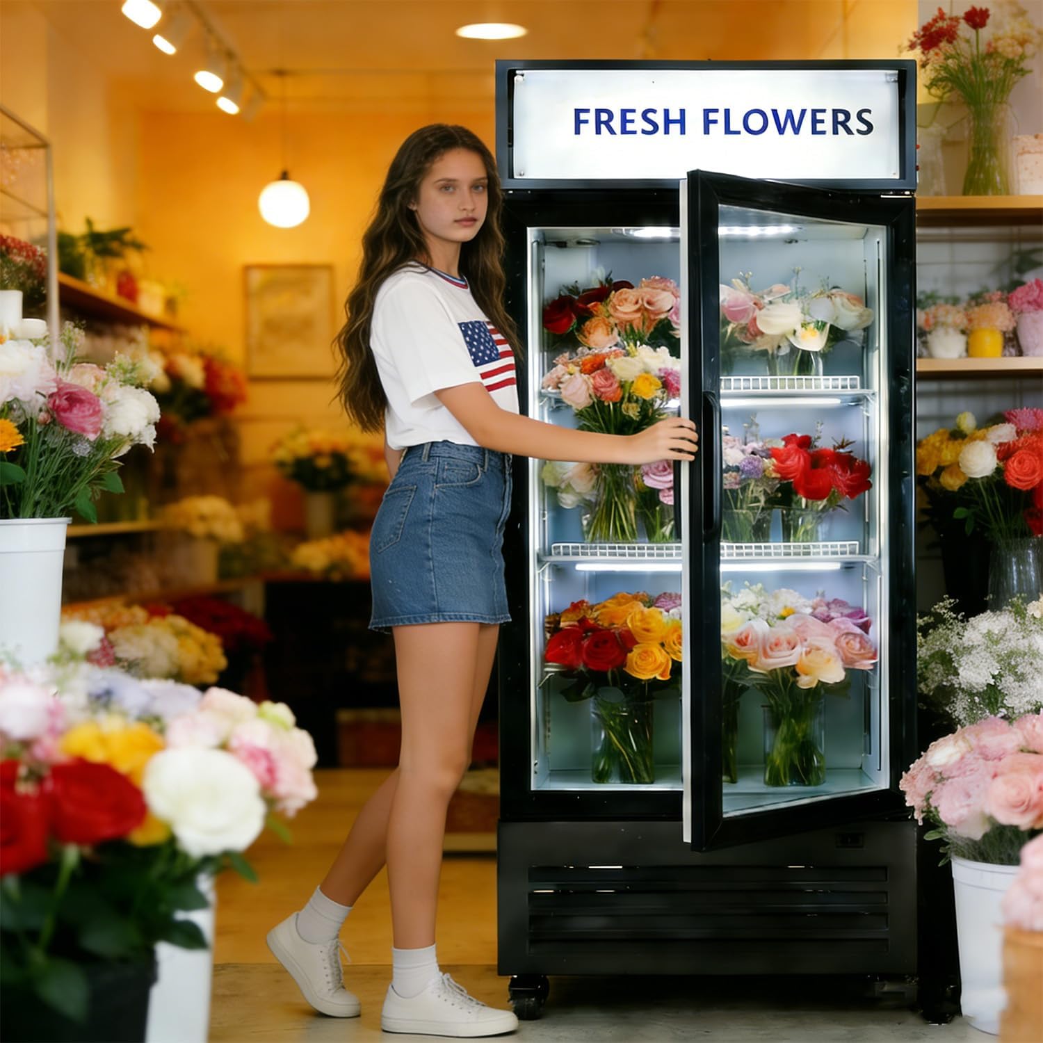 Commercial Flower Beverage Refrigerator Floral Display Fridge,Glass Door Drink Cooler with LED Light Adjustable Shelves,ETL Sanitation,Wheels Included,16.5Cu Ft,68.9''High