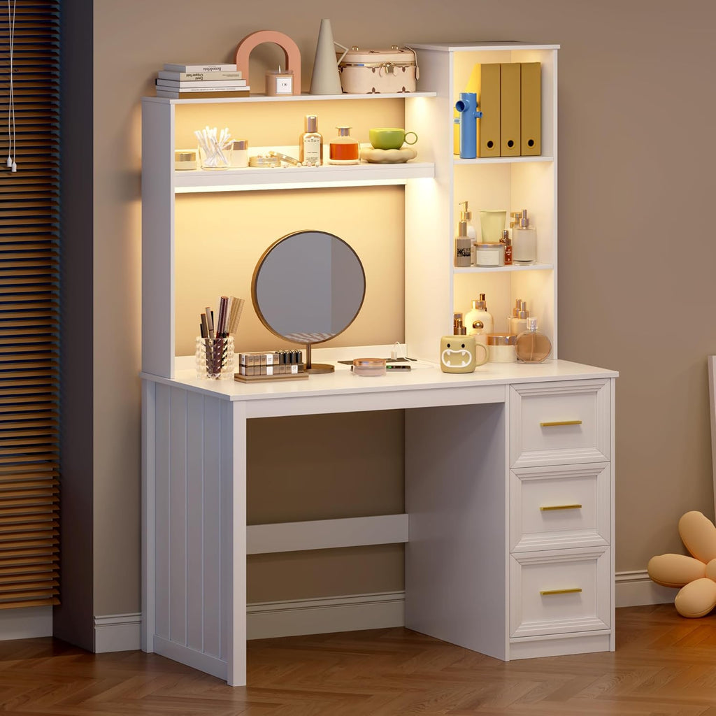 LVSOMT 40' Home Office Desk with Hutch and Drawers, Computer Desk with Power Outlets and LED Light, Study Writing Gaming Table with Storage Shelves, Workstation for Bedroom, White