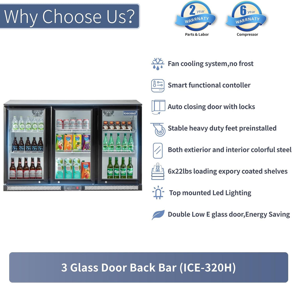 ICECASA 52.6' W Beverage Refrigerators 3 Glass Door Back Bar Refrigerator Commericial Undercounter cooler Wine Merchandiser 11.7 Cu.ft for Soda Beer