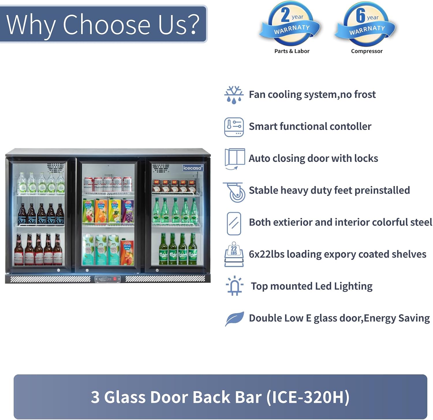 ICECASA 52.6' W Beverage Refrigerators 3 Glass Door Back Bar Refrigerator Commericial Undercounter cooler Wine Merchandiser 11.7 Cu.ft for Soda Beer