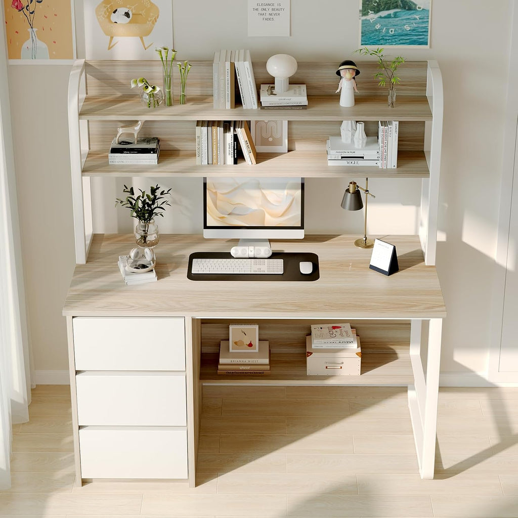 MaverickFurni Computer Desk with Hutch, 47 Inch Small Desk with 3 Drawers for Bedroom, Study Writing Desk with Shelves for Small Spaces, Adjustable Feet, Light Walnut