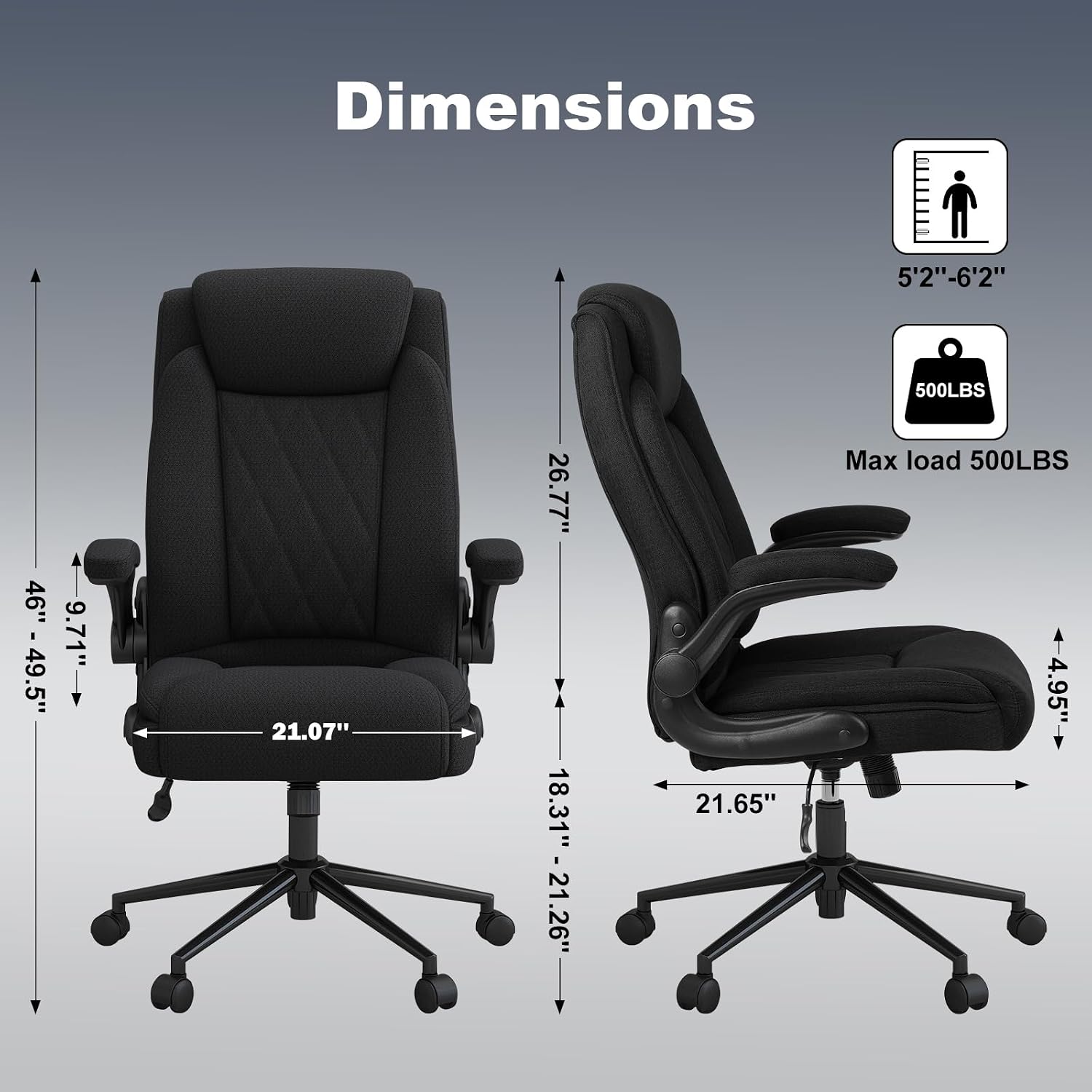 ralex-chair Big and Tall Office Chair -500 lb Office Chair for Big Man, Fabric High Back Office Desk Chair with 120° Tilt Rock,Computer Desk Chair with flip up arm - Black