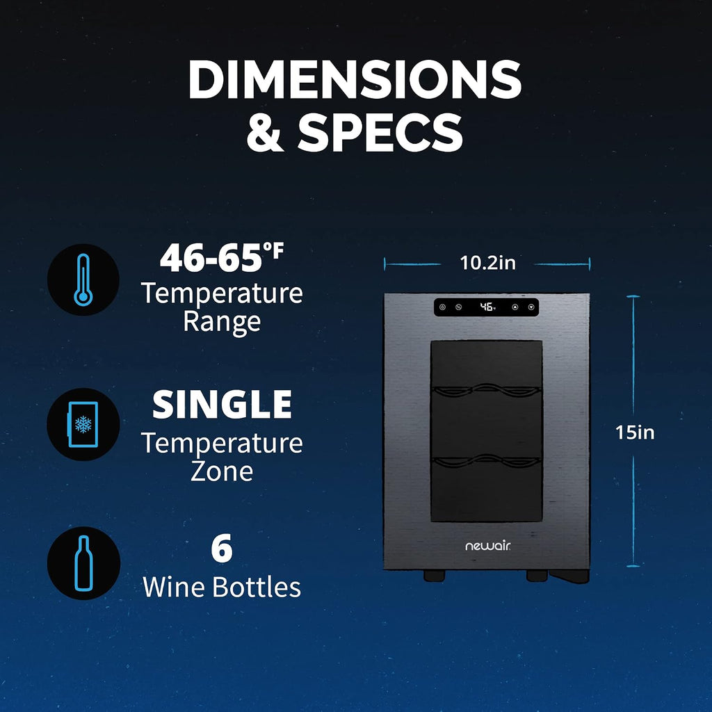 NewAir 10' Wine Fridge for 6 Bottles | Freestanding Wine Cooler Refrigerator with Glass Door | Compact Countertop Storage with Precision Cooling & Quiet Operation | Black