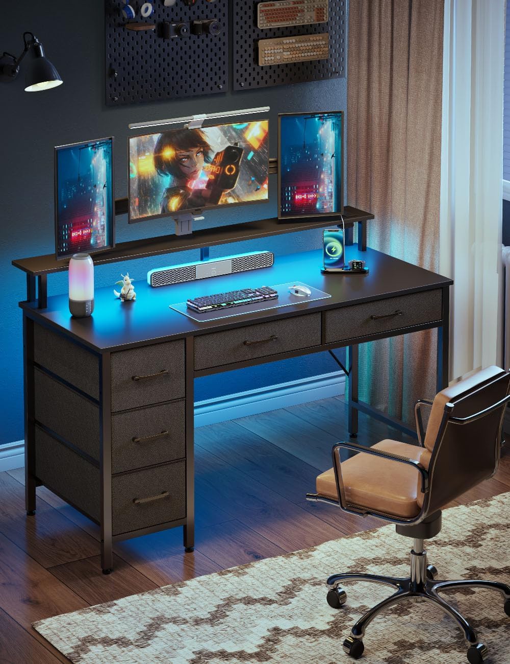 Seventable Computer Desk with Power Outlets & LED Light, 39 inch Home Office Desk with 5 Drawers, Writing Desk with Monitor Stand,Work Desk for Home Office, Black