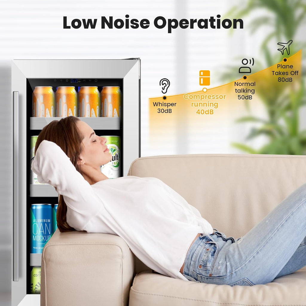 15 Inch Beverage Refrigerator,130 Cans Under Counter Beverage Fridge with Glass Door for Soda Beer Water, Freestanding Reversible Door Beverage Cooler Refrigerator for Home&Kitchen