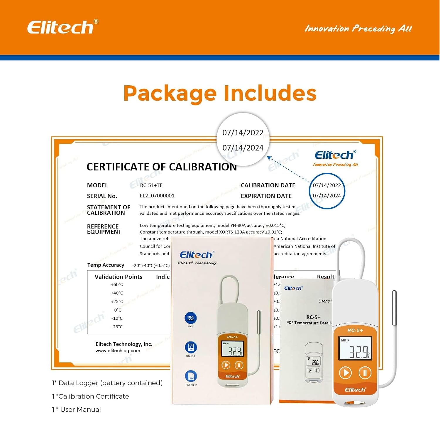 Elitech RC-5+ TE Digital PDF USB Temperature Data Logger Reusable Recorder Refrigerator Thermometer 32000 Points High Accuracy (Extra External Sensor)-10Pack